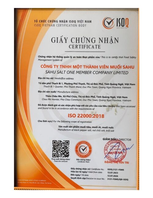 AN TOÀN THỰC PHẨM (ISO) 2023-2026.pdf Muối Hột Sahu - Túi 1kg - Tinh Hoa Muối Biển Sa Huỳnh Truyền Thống
