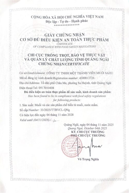 GIẤY CHỨNG NHẬN VSATTP 2025.pdf Muối Hột Sahu - Túi 1kg - Tinh Hoa Muối Biển Sa Huỳnh Truyền Thống