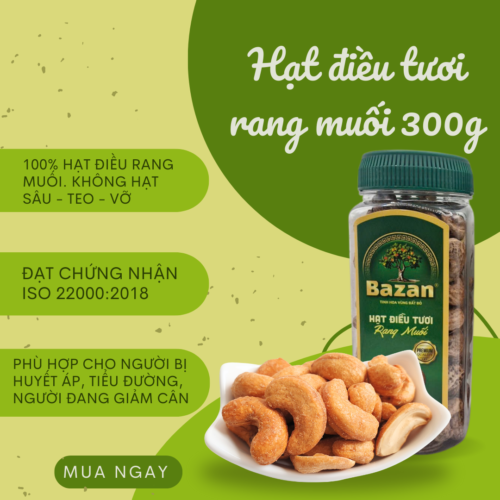 Bìa web hạt điều bazan (3) Hạt Điều Rang Muối Bazan - Hộp Nhựa 300g - Chuẩn Vị Bình Phước, Giòn Rụm, Còn Vỏ Lụa